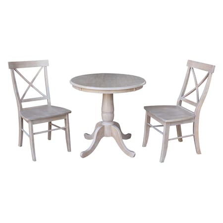 International Concepts Round 30 in Round Top Pedestal Table, with 2 X-Back Chairs, Washed Gray Taupe, 30 W, 30 L, Wood K09-30RT-C613-2